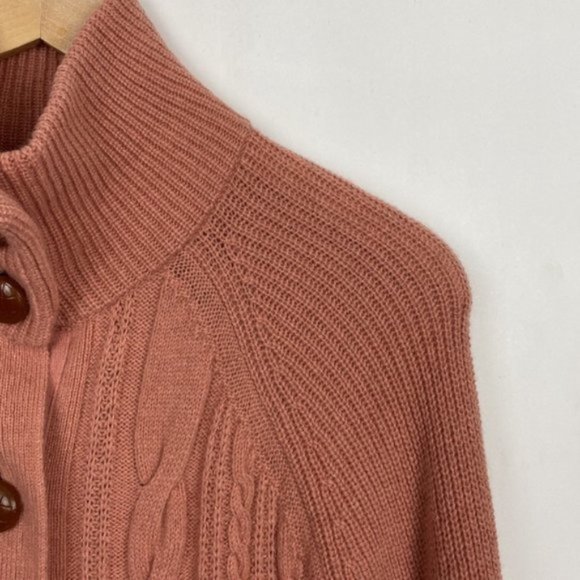 J.Crew S Salmon Cardigan Cable Knit Faux Leather Buttons Lambs Wool - Picture 7 of 14